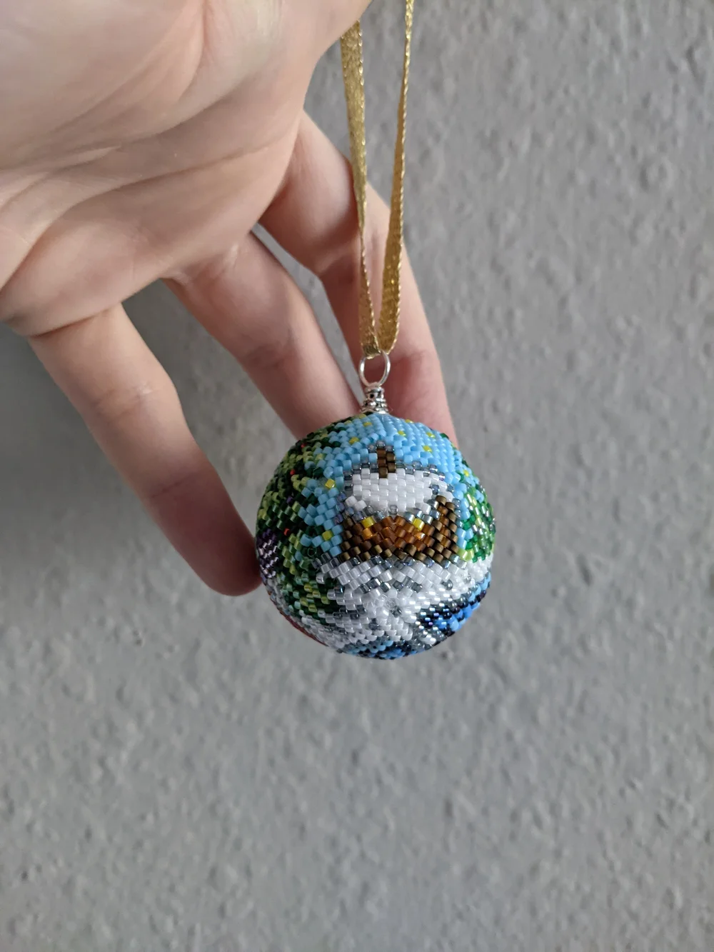 Handcrafted Beaded Snowman Ornament - Blue, Green, Red